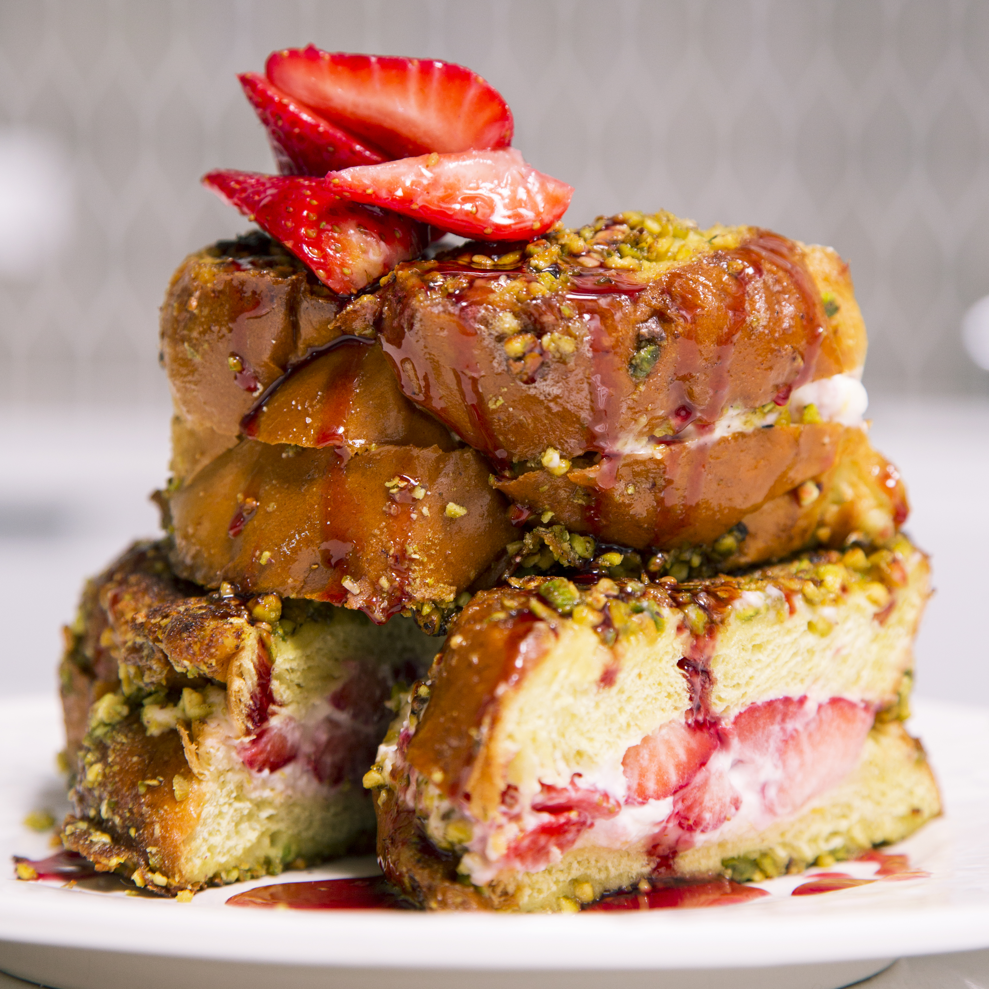 Pistachio-Crusted French Toast with Strawberry and Neufchâtel Filling