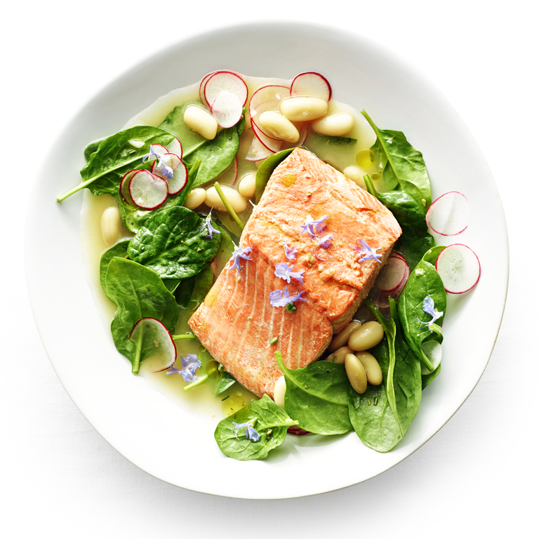 su-Poached Salmon with White Bean and Radish Salad Image