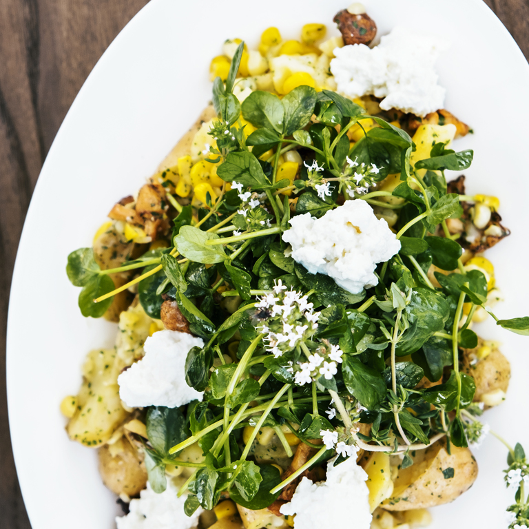 su-Potato Confit with Corn, Ricotta, and Chanterelles Image