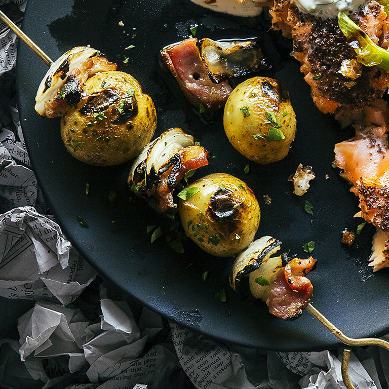 su-Grilled Potato, Onion, and Bacon Skewers Image