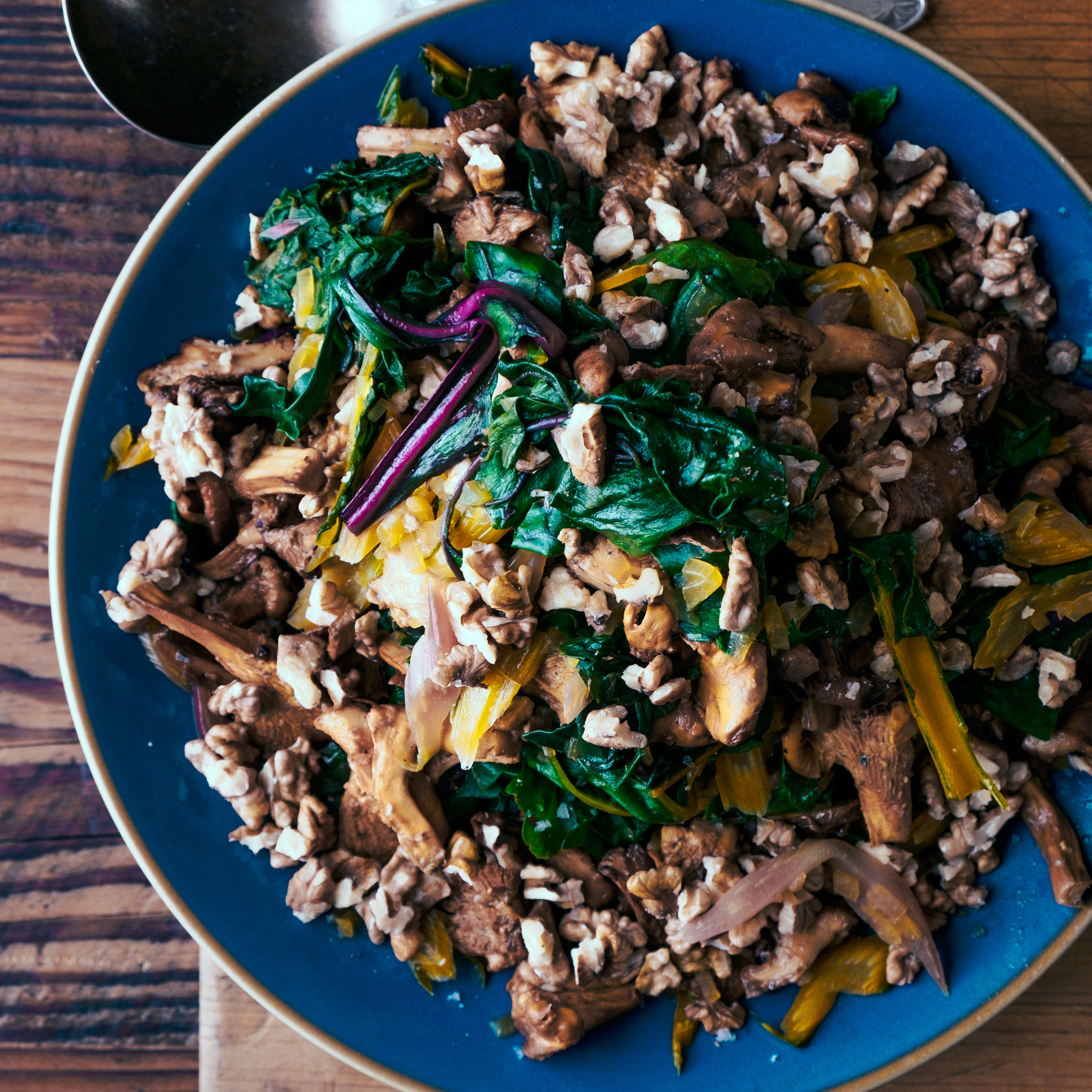 su-Rainbow Chard with Chanterelles and Walnuts