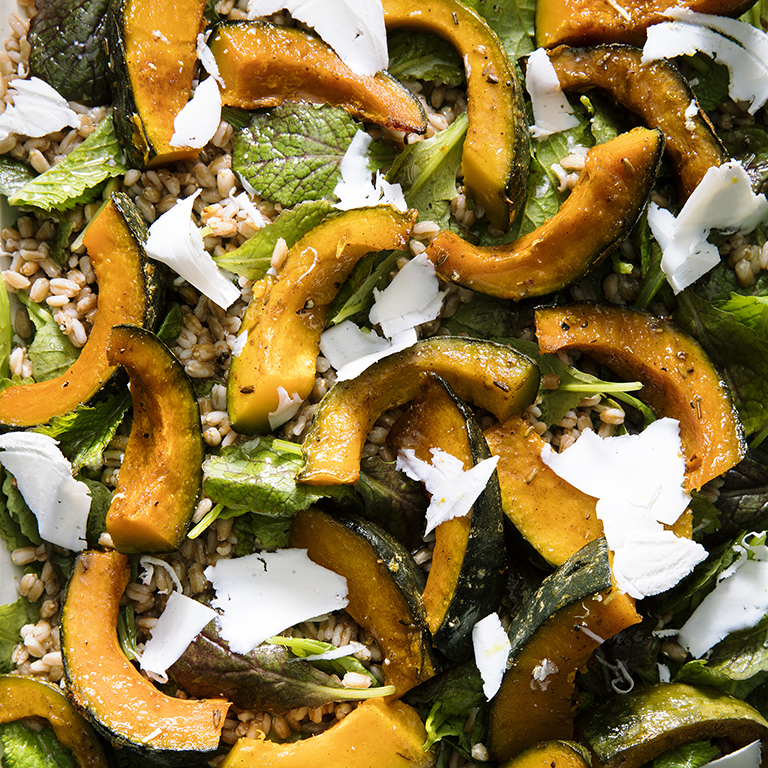 su-Roasted Kabocha Squash with Farro and Mustard Greens Image