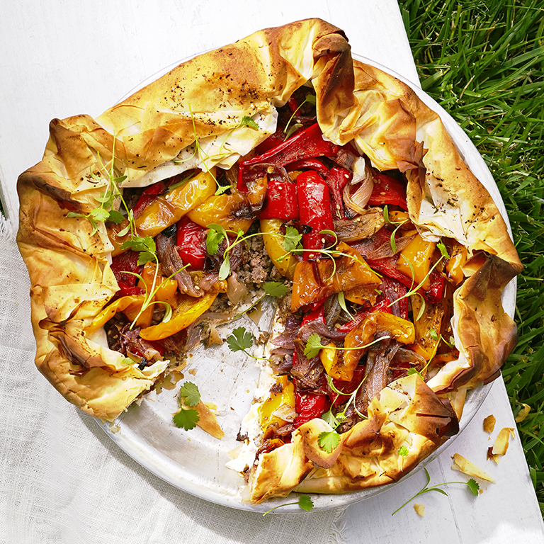 su-Roasted Pepper, Feta, and Lamb Filo Pie Image