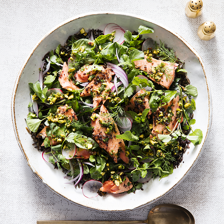 su-Salmon and Grains Salad with Pistachio Salsa Verde Image