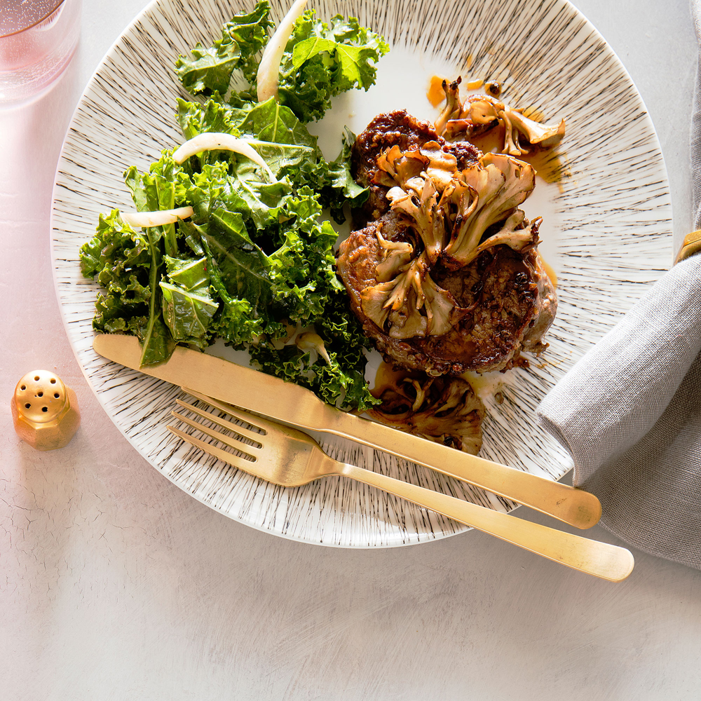 su-Sichuan Peppercorn Filet Mignon with Crisp Mushrooms and Kale Slaw Image
