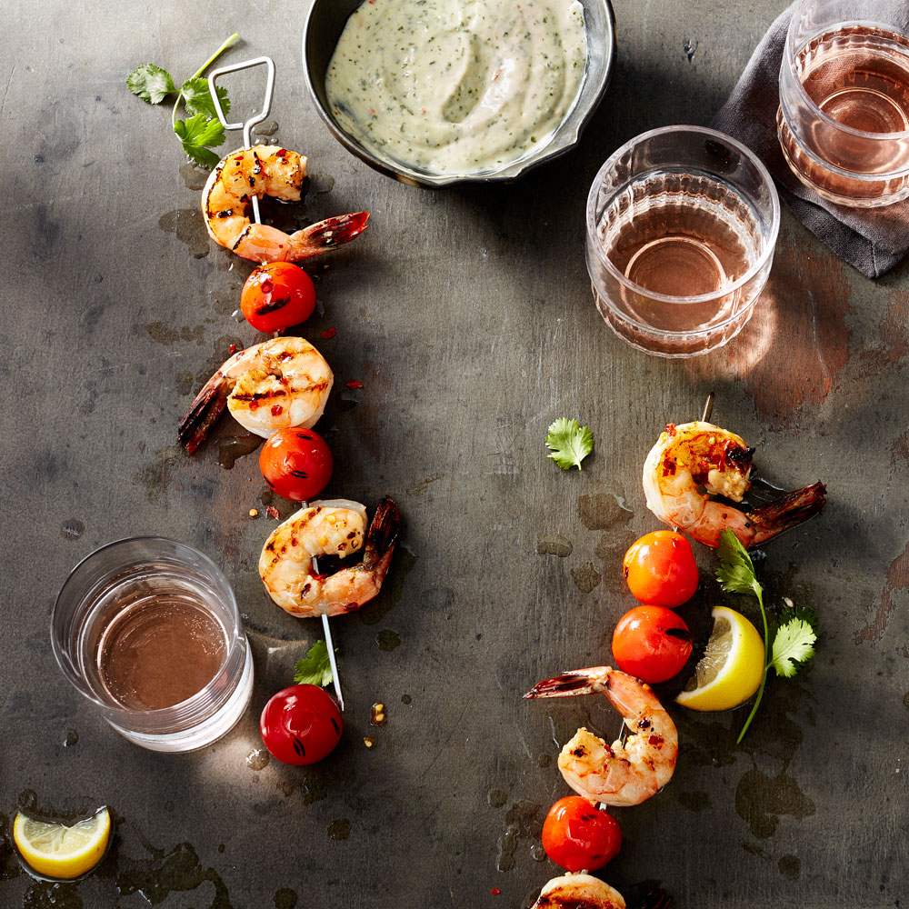 Spicy Shrimp Kebabs with Cilantro-Ginger Aioli