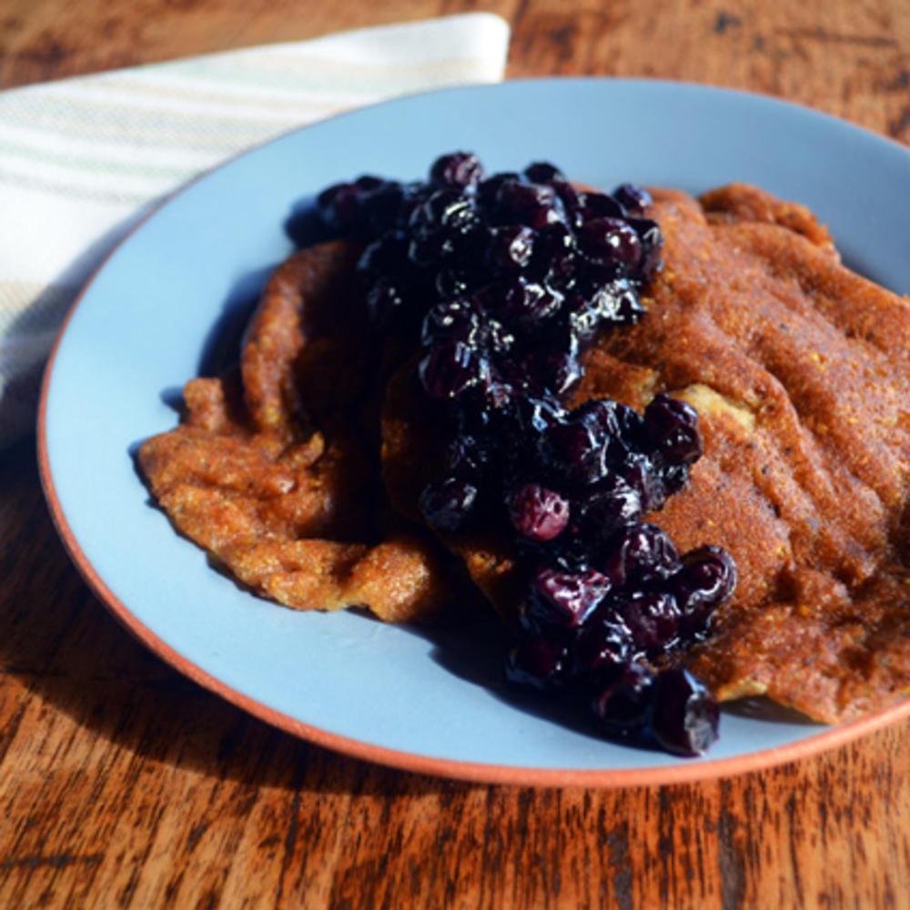 Vegan GlutenFree Pancakes with Maple Blueberry Compote from