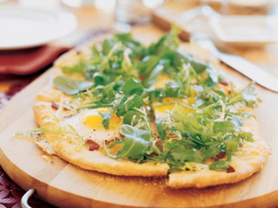 Brunch Flatbread with Eggs, Bacon, and Frisée Recipe Sunset Magazine