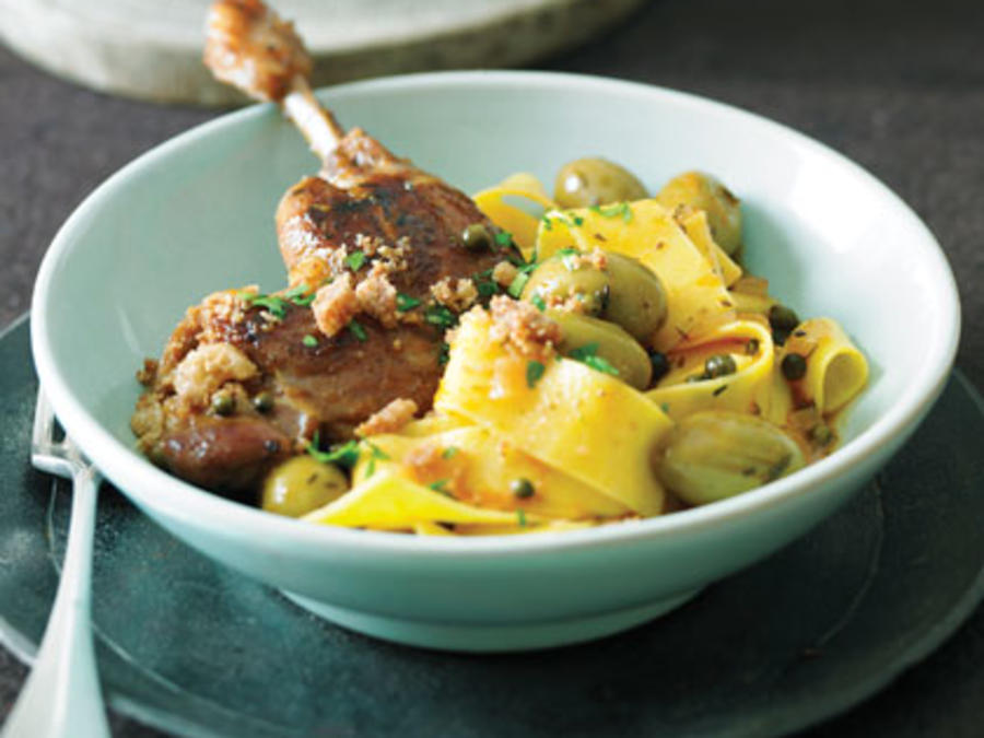 Duck Legs In Green Olive Sauce Cracklings Pappardelle Recipe Sunset Magazine