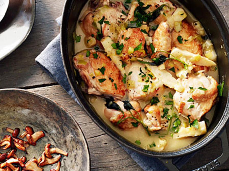 Chicken Fricassee & Parsley Roots & Chanterelle Mushrooms Recipe