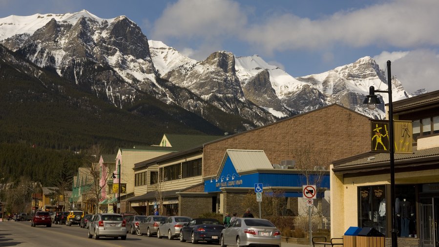 Downtown Canmore Alberta with mountain in background
