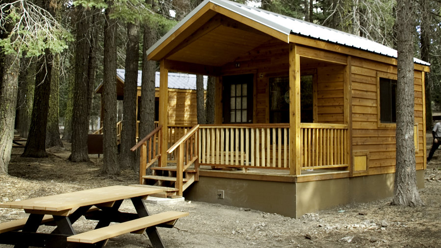 Cozy cabins at Manzanita Lake Camping Cabins in Lassen Volcanic National Park