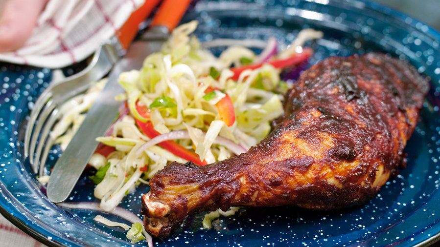 Gourmet camping: Grilled Chicken with Whiskey Barebecue Sauce and Spicy Slaw (0513)