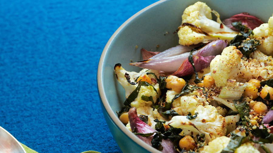 Olive oil: Roasted Cauliflower and Shallots with Chard and Dukkah (0117)