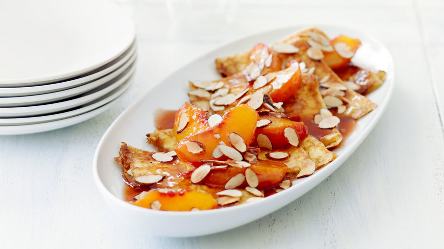 Crepes with Warm Cognac Peaches and Almonds