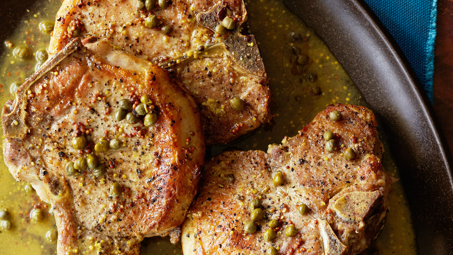 Pork Chops with Mustard, Rosemary, and Capers