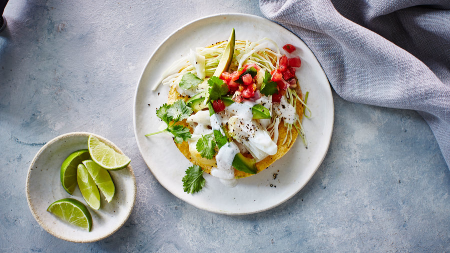 Halibut Tostadas with Yogurt-Lime Sauce