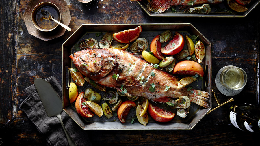 Roasted Rockfish with Artichokes, Citrus, and Lemon-Caper Browned Butter (1216)