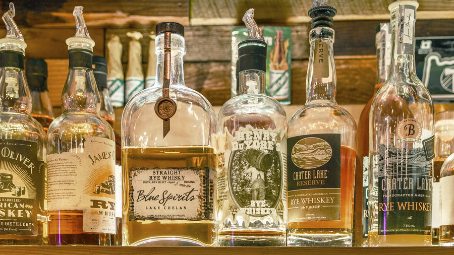 Rows of local spirits at The Thirsty Sasquatch in Vancouver, Washington