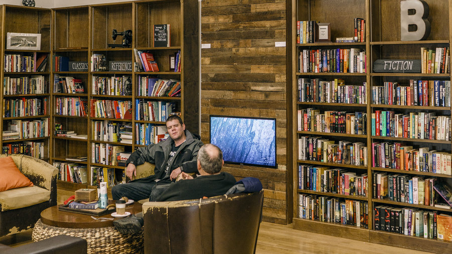 Patrons inside the book-filled Boomerang in Vancouver, Washington
