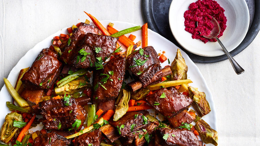 Passover recipes: Wine-braised Short Ribs with Parsnips, Carrots, and Artichokes