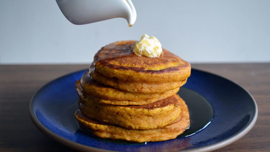 Fluffy pumpkin pancakes with ginger butter