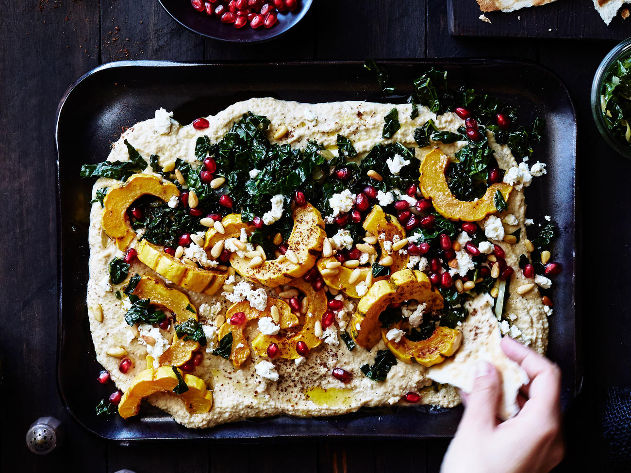 Sumac Hummus with Kale Ribbons and Roasted Delicata Squash Recipe