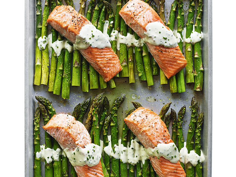Broiled Salmon & Asparagus with CrÃ¨me FraÃ®che Recipe Sunset Magazine