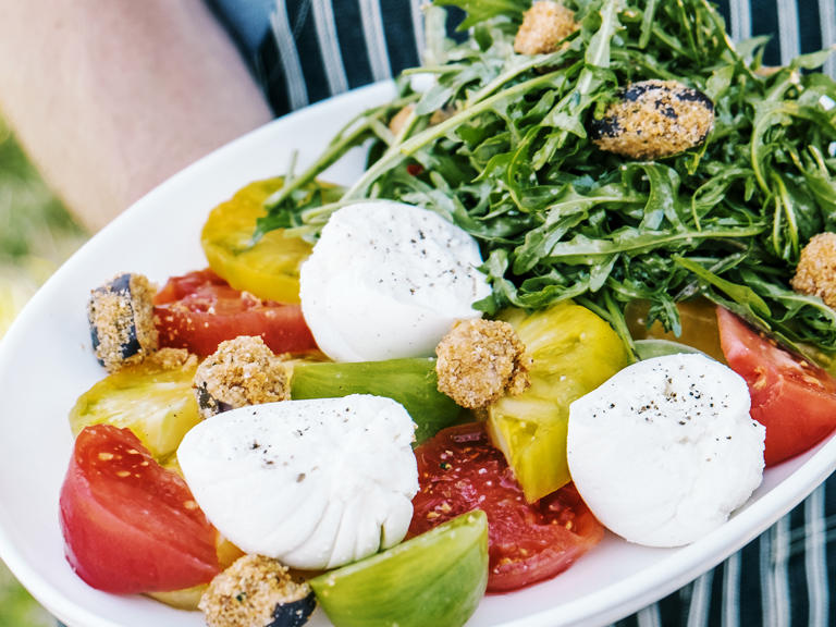 Heirloom Tomato Salad & Arugula, Burrata, & Eggplant Croutons Recipe – Sunset Magazine