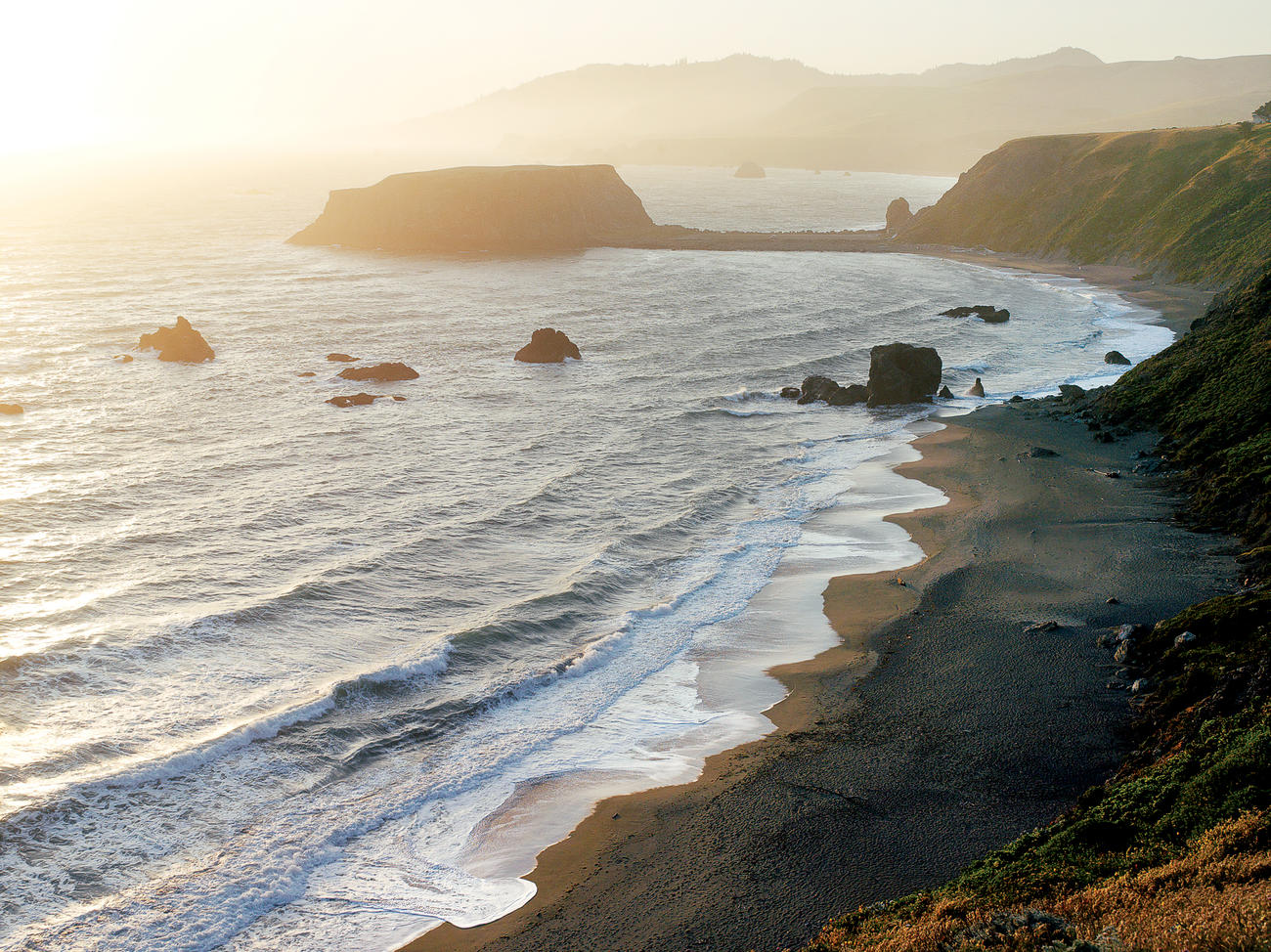 The dramatic shoreline at sunset in Sonoma County