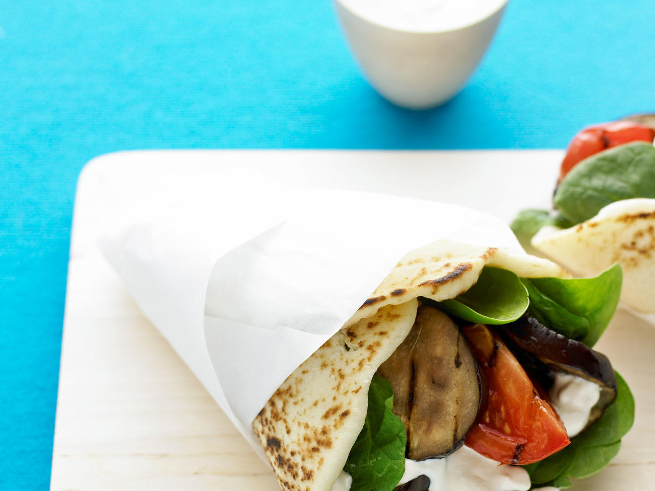 Grilled Eggplant Naan Wraps & Tahini-Yogurt Dressing Recipe – Sunset Magazine