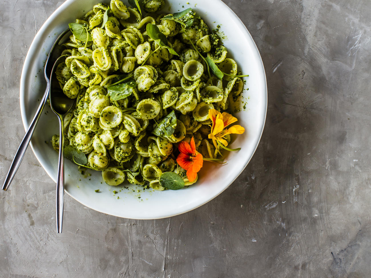 Image of Pesto with nasturtium flowers