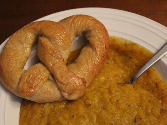 Brown butter autumn squash soup and soft buttery pretzels from Heartlandia