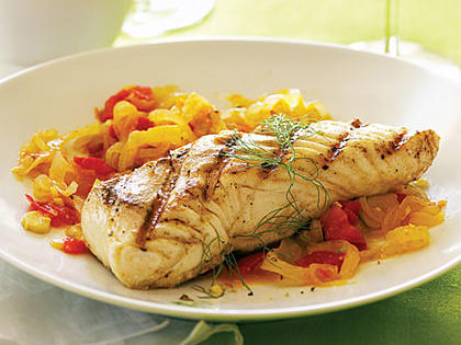 Grilled Halibut & Fennel, Tomatoes, & Roasted Garlic Rouille Recipe ...