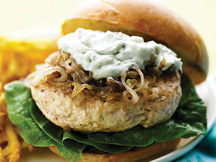 Chicken Burgers &amp; Caramelized Shallots &amp; Blue Cheese Recipe – Sunset Magazine