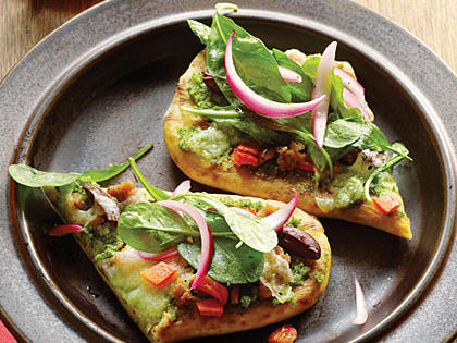 Naan Pizzas with Broccoli Pesto &amp; Arugula Salad Recipe – Sunset Magazine