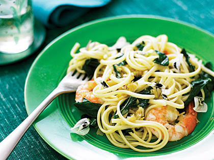 Linguine with Fava Greens, Shrimp, & Green Garlic Recipe – Sunset Magazine