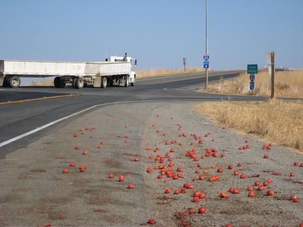 What’s black and white and red all over? What happens when a tomato truck hits a bump in the road