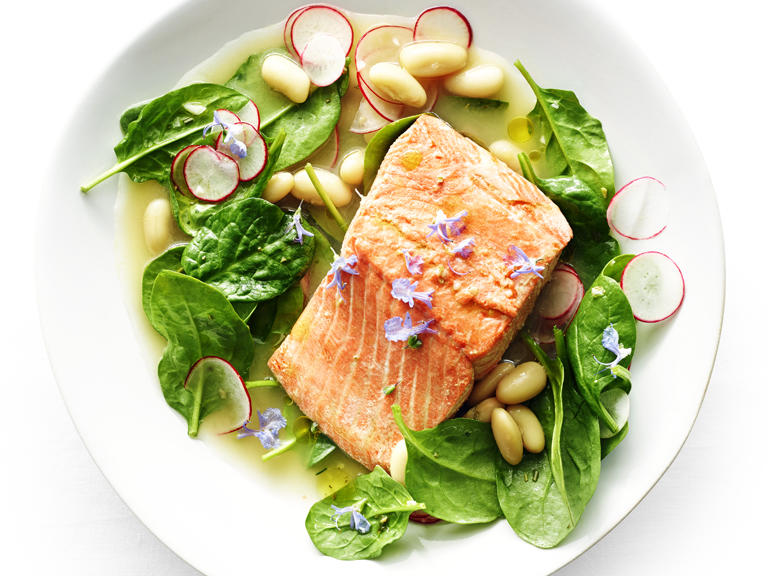 Poached Salmon with White Bean and Radish Salad Recipe Sunset Magazine