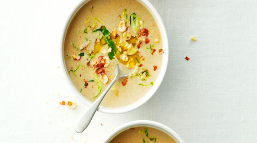 Sunchoke Soup with Brussels Sprouts and Hazelnuts