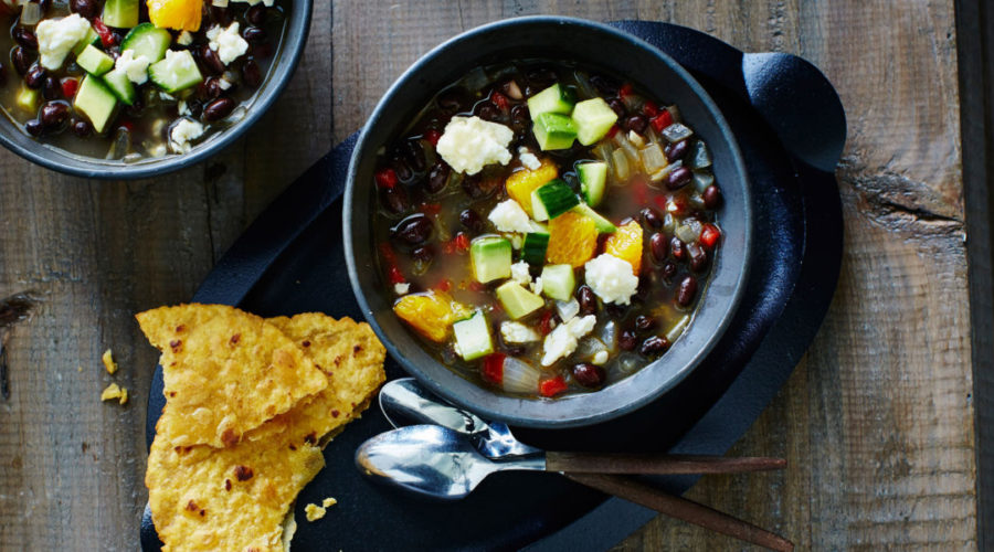 Black Bean Soup with Avocado, Orange, and Cucumber