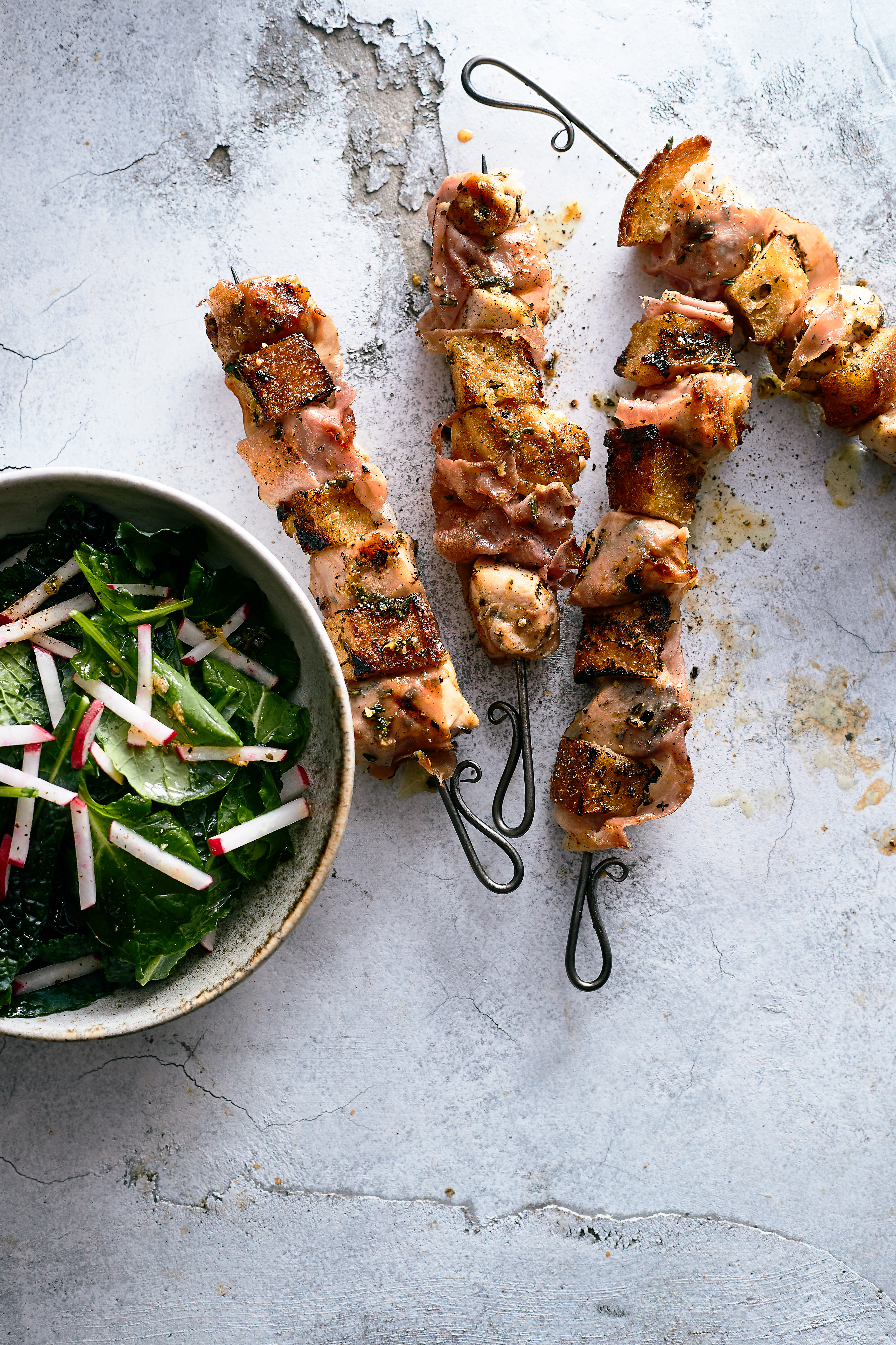 Chicken, Bread, and Prosciutto Skewers