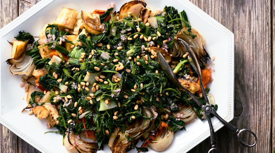 Roasted Vegetables with Wilted Greens